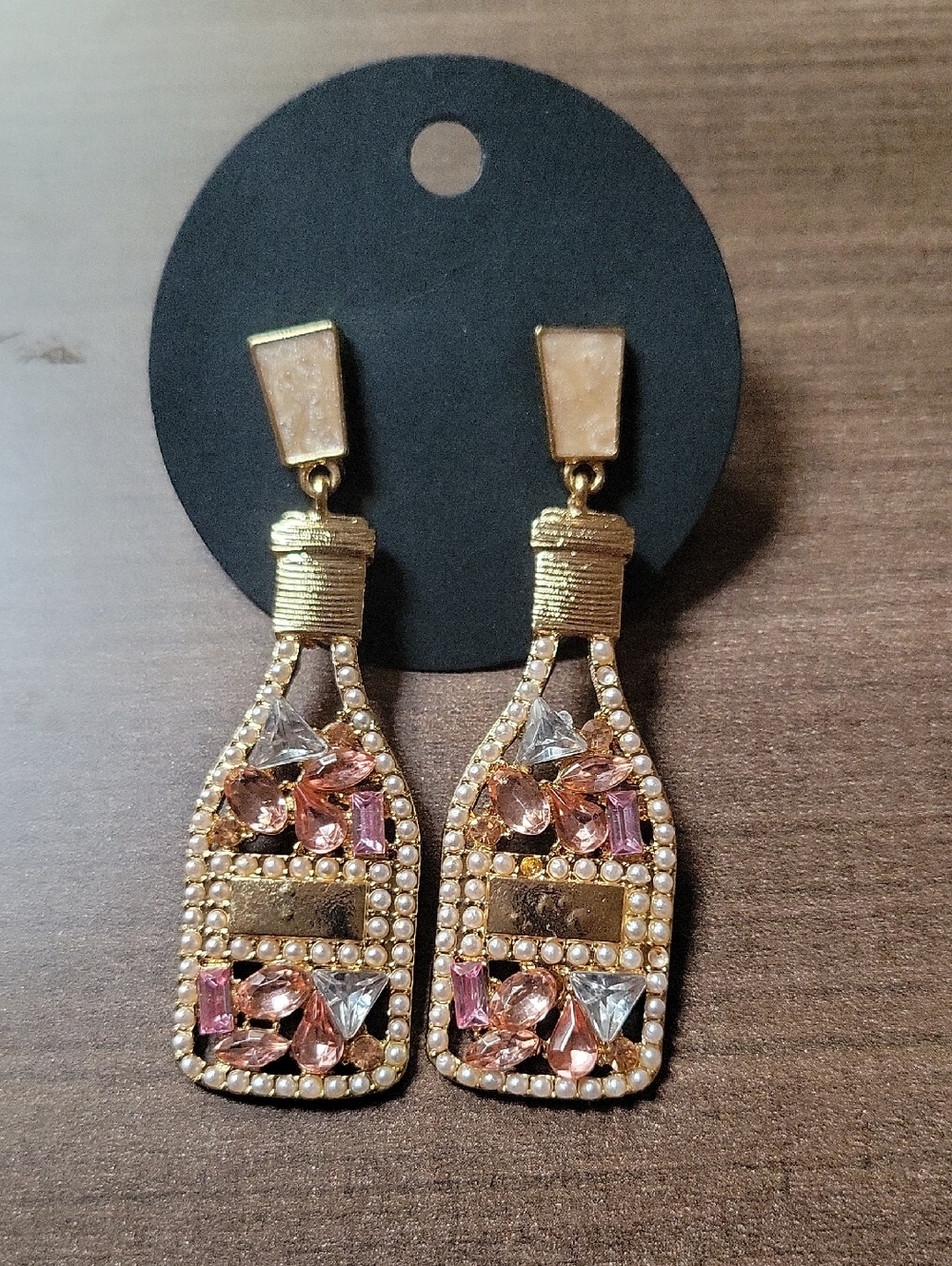 Gold-Tone Pink Crystal Champagne Bottle Drop Earrings - Unbranded